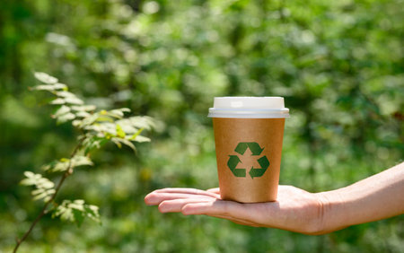 a paper cup with a recycling sign in hand against the backdrop of a forest. The concept of recycling and nature protectionの写真素材
