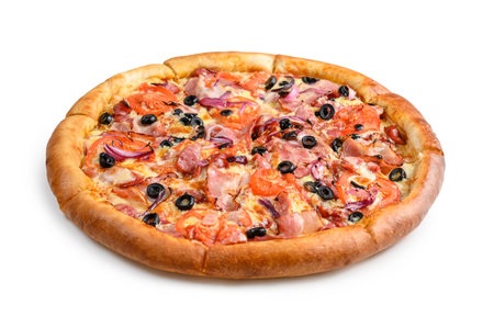 Ready pizza with ham, onions and tomatoes on a white background. Selective focus in the center.の写真素材