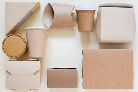 Zero waste concept. Disposable food packaging and empty space in the center. View from aboveの写真素材
