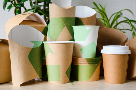 Large recycling sign on a background of paper disposable tableware. Zero waste and recycling conceptの写真素材