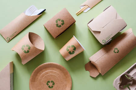 Disposable tableware made from recycled cardboard on a green background. Food packaging with green...
