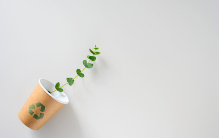 Plant and paper disposable cup with recycling sign. The concept of sustainable development, environmental friendliness and zero waste.の写真素材