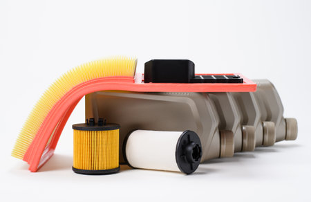 Car service concept. Set of filters and machine oil for car repairの写真素材