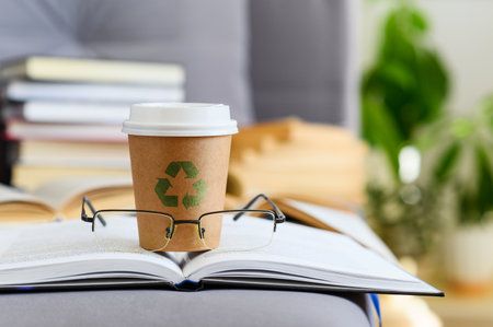 Zero waste concept. Recycling sign on paper cup. Eco-friendly and sustainable lifestyleの写真素材
