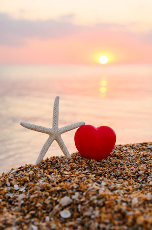 Starfish and red heart on the beach. Sunset on the seashore. Vertical romantic postcard.の写真素材