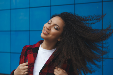 Young Happy Caucasian Girl Woman Dressed In Black Jacket Having Fun, Enjoying Life And Smiling In...
