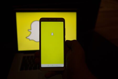 Tula, Russia - October 31, 2018: - Snapchat application on android cell smartphone. Snapchat is a mobile messaging application used to share photos, videos, text, and drawings.のeditorial素材
