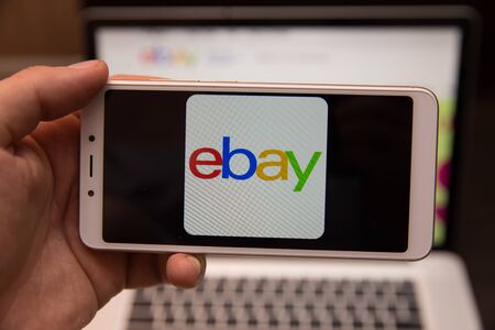 Tula, Russia - October 31, 2018:: Close up of ebay app on a Apple iPhone 6 screen. ebay is one of...