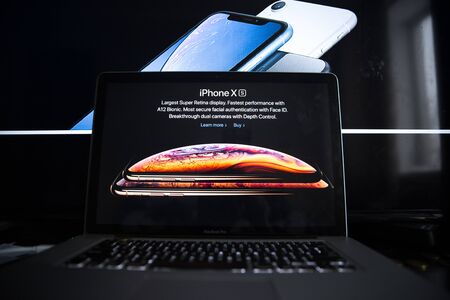 Tula, Russia - JANUARY 27, 2019 - Blurry image of iPhone XR on smartphone and tabletのeditorial素材