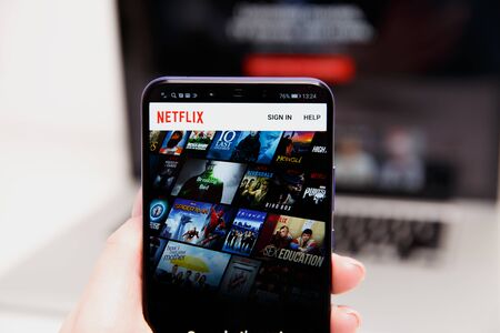 Tula, Russia - February 18, 2019: Close up Netflix app icon on Laptop screen. Netflix is an...