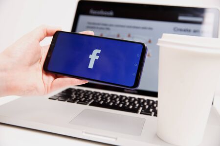 Tula, Russia - February 18, 2019: Facebook social media app logo on log-in, sign-up registration...