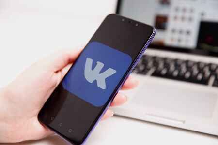 Tula, Russia - February 18, 2019: VK logo on smartphone screen. Vkontakte is a Russian social media and networking website.のeditorial素材