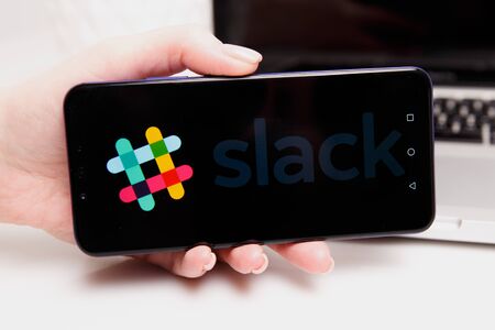 Tula, Russia - February 18, 2019: Slack website displayed on phoneのeditorial素材