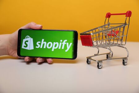 Tula, Russia - May 12 , 2019: Shopify on the phone display.