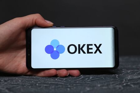 Tula, Russia - November 28, 2018: OKEx logo displayed on a modern smartphoneのeditorial素材
