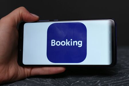 Tula, Russia - May 12 , 2019: Booking.com on phone display.のeditorial素材