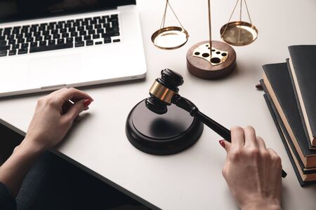 Judje stuff on the desk. Lawyer concept.の写真素材