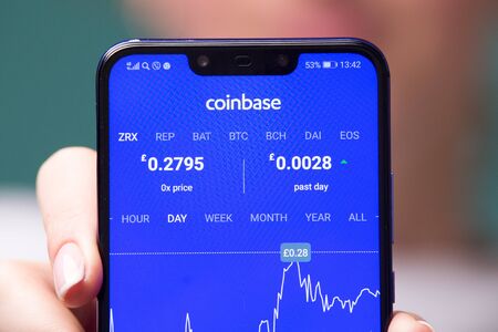 Tula, Russia 17. 06 2019 Coinbase on the phone display.のeditorial素材