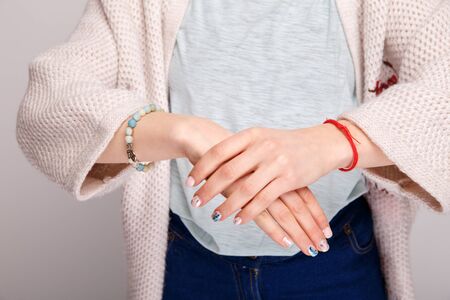 Closeup picture of woman's arms. Wrist soreの写真素材