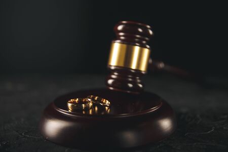 Hands of wife, husband signing decree of divorce, dissolution, canceling marriage, legal separation documents, filing divorce papers or premarital agreement prepared by lawyer. Wedding ringの写真素材