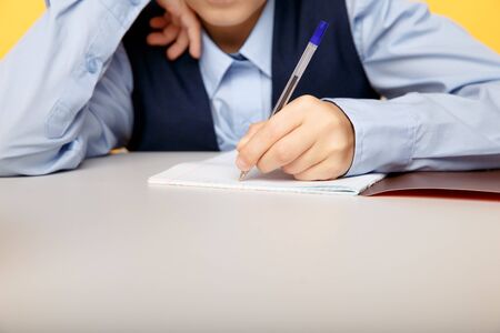 Closeup photo of pupil writing at the lesson.