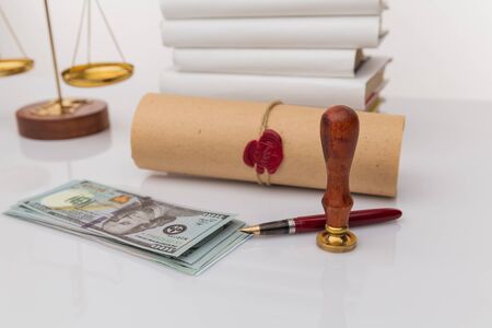 Notarys public pen and stamp on testament and last will. Notary public tools.の写真素材