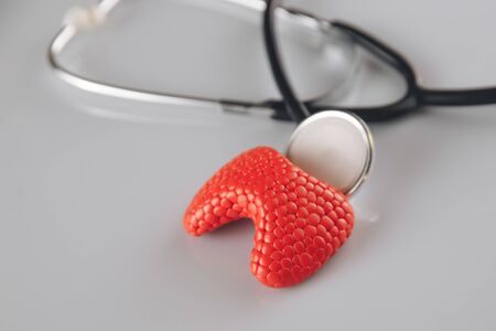 Thyroid with stethoscope on the grey table.