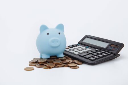 Finance Savings, save money for future investments and for emergency use concept. A blue piggybank, money and calculator on white backgroundの写真素材
