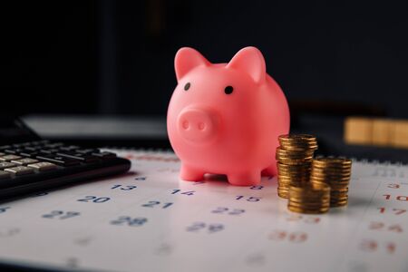 Piggy bank on monthly calendar. Payment of rental housing or loansの写真素材