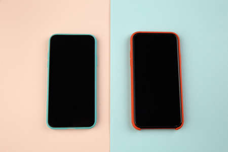 Conversion funnel, A B test in marketing and online advertising. Two smartphone with space for textの写真素材