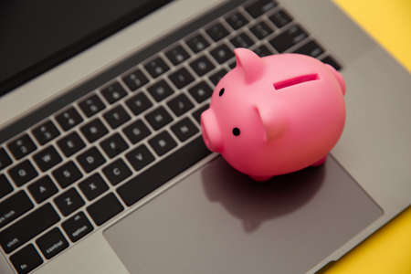 Piggy bank on laptop keyaboard.の写真素材