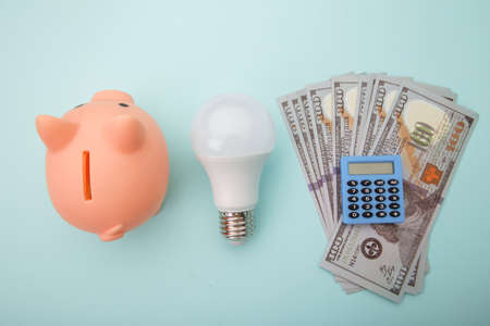 Piggy bank with dollar money banknotes, calculator and lamp on blue background. Energy savings...