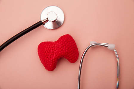 Model of thyroid with stethoscope on the pink tableの写真素材