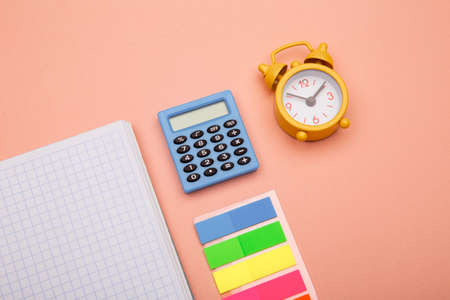School office supplies on pink backgroundの写真素材