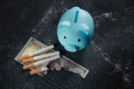 Blue piggy bank and cigarettes on dark table. Expensive habitの写真素材
