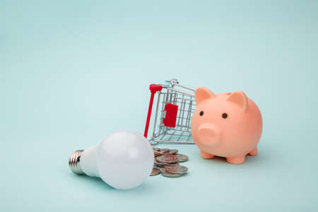Pink piggy bank, trolley, lamp and coins, power savings conceptの写真素材