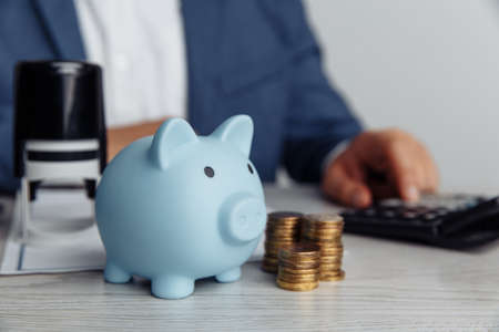 Piggy bank and coins on desk in office. Save money and management financial conceptの写真素材