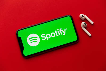 Tula, Russia - September 08, 2020: Spotify logo on iPhone displayのeditorial素材