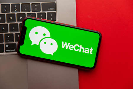 Tula, Russia - September 08, 2020: WeChat logo on iPhone displayのeditorial素材
