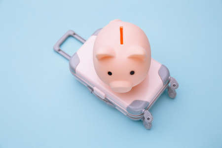 Tourism concept. Mini travel luggage suitcase with piggy bank on blue backgroundの写真素材