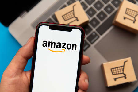Tula, Russia - September 08, 2020: Amazon on iPhone displayのeditorial素材