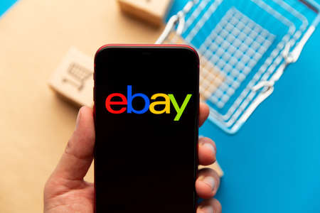 Tula, Russia - September 08, 2020: Ebay app on iPhone displayのeditorial素材