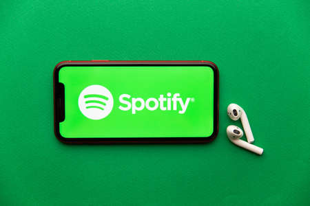 Tula, Russia - September 08, 2020: Spotify on iPhone displayのeditorial素材