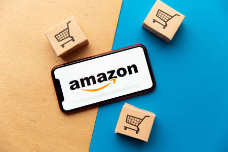 Tula, Russia - September 08, 2020: Amazon logo on iPhone display