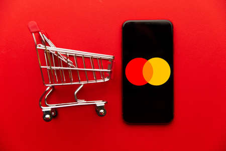 Tula, Russia - September 08, 2020: Mastercard logo on iPhone displayのeditorial素材