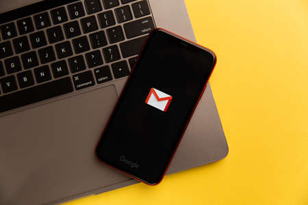Tula, Russia - November 04, 2020: Gmail logo on iPhone display