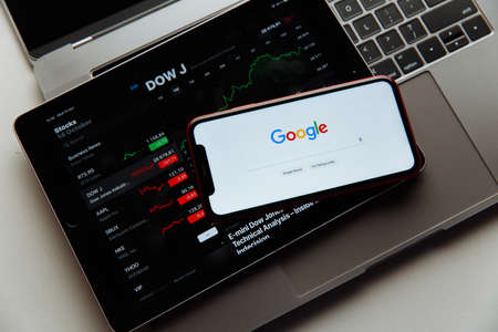 Tula, Russia - October 18, 2020: Google logo on iPhone display