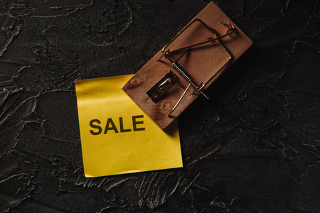 Scam or sale fraud concept. Mousetrap with inscriptionの写真素材