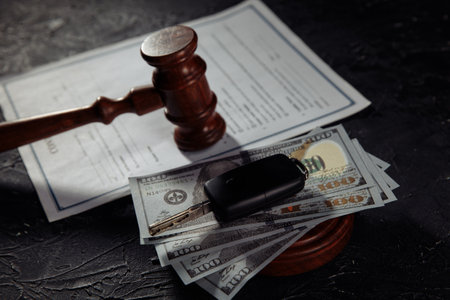 Car keys on dollar banknotes and wooden judge gavel close-up