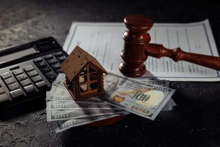 House model on dollar banknotes and judges gavel on a table. Mortgage, bankruptcy or divorce conceptの写真素材